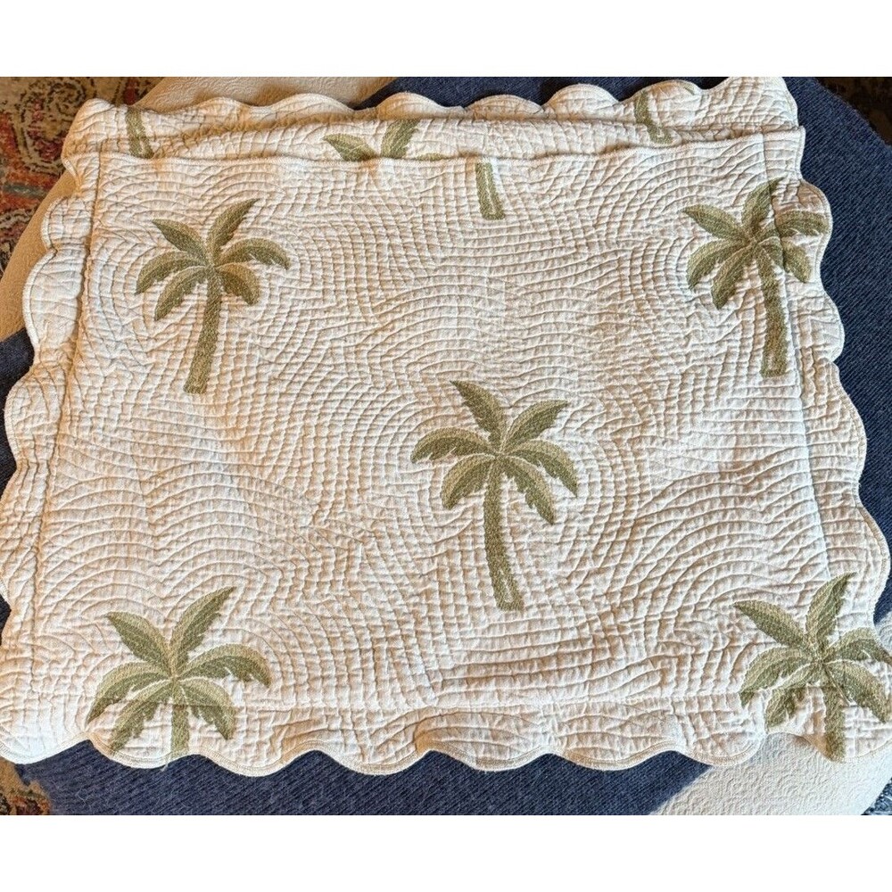 1 Waverly Cotton Standard  Pillow Sham Ivory Green Beige Embroidered Palm Trees